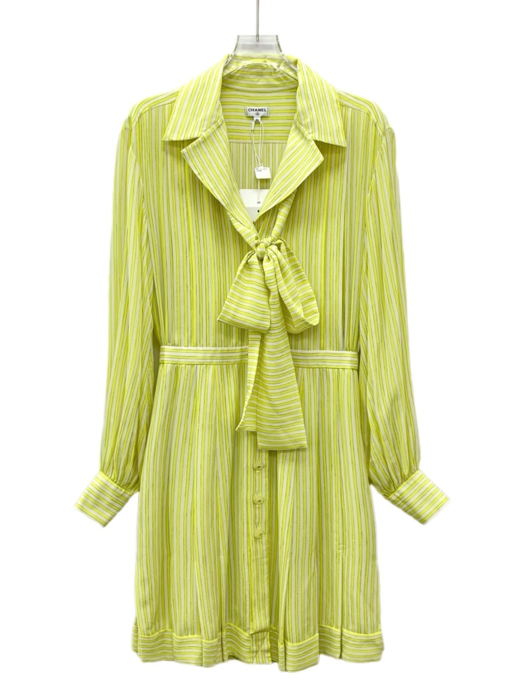 Chanel Yellow Striped Lace-Up Bow Silk Collared Long-Sleeve Dress